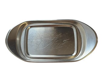 Bandeja vintage Tischfein de acero inoxidable 18/8, fabricada en Alemania, diseño ovalado clásico.