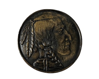 Hebilla de cinturón vintage de jefe nativo americano, redonda, tono latón, estilo western suroeste bohemio.