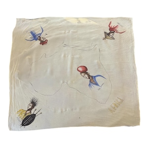Bufanda vintage con mapa de África pintado a mano, cuadrada de 76 cm, con retratos étnicos, tela amarilla, años 50 y 60