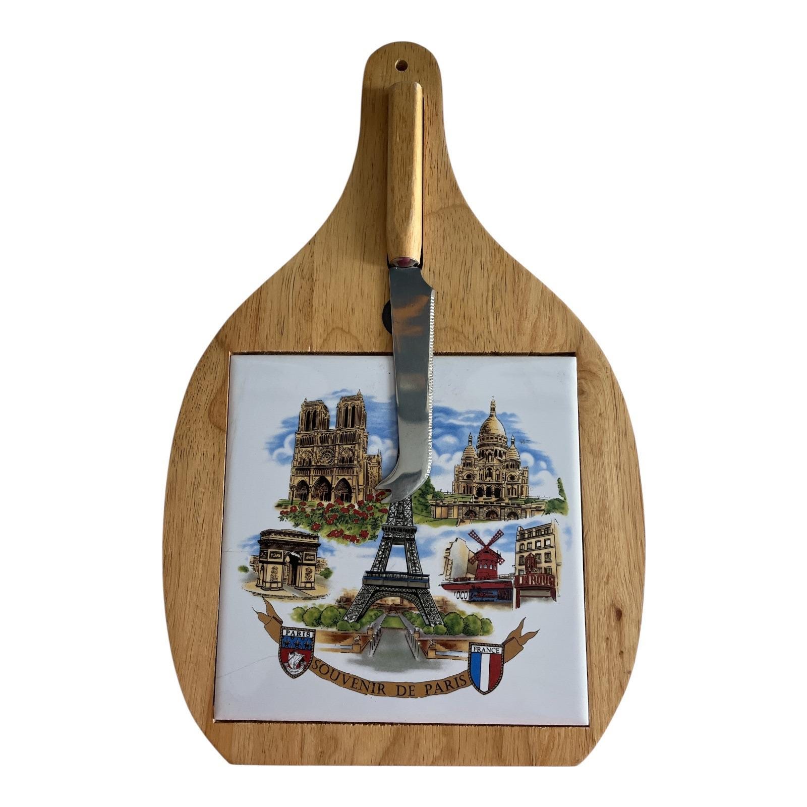 Vintage Paris Souvenir Cheese Board With Knife – Wood & Ceramic