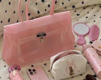 Powder pink transparent PVC bag – Coquette Girly bag, trendy Pilates bag, transparent Firkin bag