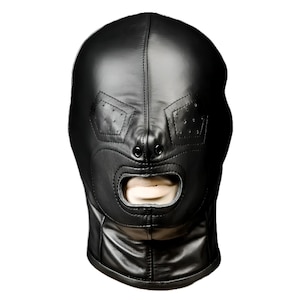 Premium Leather Bondage Hood – Black Full Enclosure Mask with Zipper, Lacing, Adjustable Fit – Sensory Play Gear