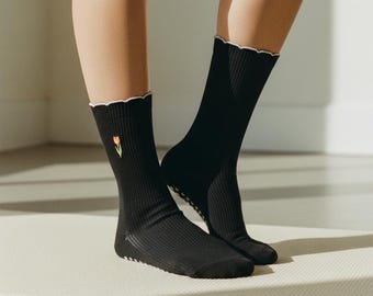 Black Embroidered Tulip Grip Socks, Ruffled Hem, Yoga Barre Pilates