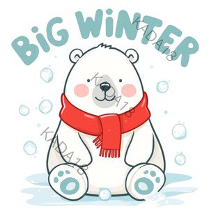 Puede incluir: Ilustración de dibujos animados de un oso polar con una bufanda roja, con las palabras "Big Winter" en azul claro arriba. El oso tiene mejillas rosadas y está rodeado de copos de nieve azules, creando un tema invernal.