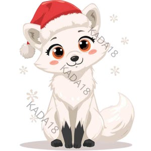 Könnte beinhalten: Cartoon-Illustration eines weißen Fuchses mit roter Weihnachtsmütze. Der Fuchs hat große braune Augen, rosa Wangen und schwarze Pfoten. Schneeflocken sind um den Fuchs herum verstreut. Der Text "KADA18" ist auf dem Bild aufgedruckt.