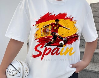 Spagna Coppa del Mondo 2026 PNG, giocatore di calcio spagnolo PNG, design maglia tifoso Coppa del Mondo FIFA, bandiera spagnola download digitale, trasferimento DTF png