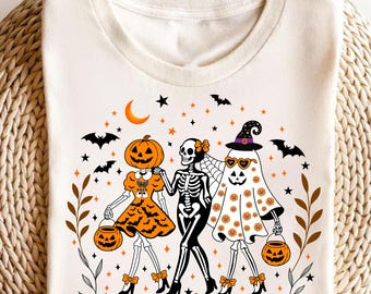 Immagine PNG spettrale della stagione delle zucche, PNG di scheletri di Halloween, design carino per maglietta con zucca fantasma, download per sublimazione autunnale