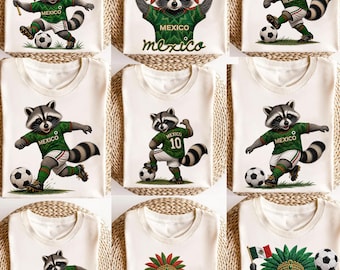 Paquete de PNG de bordado de fútbol de México, diseño de bordado de aficionado al fútbol con mapache, PNG de fútbol mexicano, sublimación DTF, diseño de bordado de fútbol