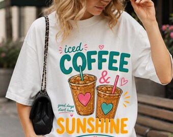 Iced Coffee & Sunshine PNG, Summer Coffee Lover png, Cute Coffee Shirt Design, Sublimation PNG, DTF Transfer, women Retro Coffee Graphic,