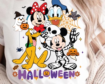 PNG di Halloween Disney Friends, design per maglietta di Halloween con scheletro di Topolino, PNG spettrale di Minnie, Paperino e Pluto, design carino per sublimazione di Halloween
