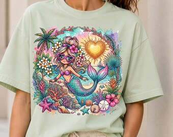 Cute Mermaid PNG, Summer Beach Mermaid Girl Sublimation Design, Tropical Mermaid Digital Download, Coastal Vacation Shirt PNG, beach png