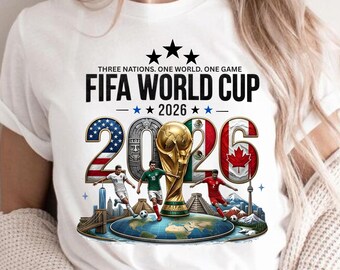 Coppa del Mondo FIFA 2026 PNG, design per maglietta da tifoso di calcio, grafica del trofeo USA Messico Canada, download digitale PNG per sublimazione su t-shirt sportiva