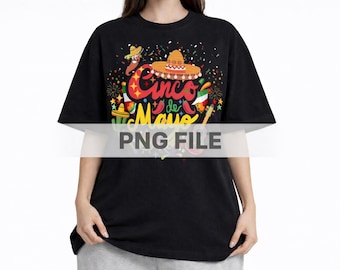 May include: Black t-shirt with a colorful Cinco de Mayo graphic. The design includes a sombrero, fireworks, and the text "Cinco de Mayo". The shirt is a casual, festive apparel item.