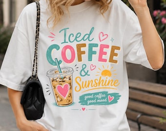 Iced Coffee & Sunshine PNG, Summer Coffee Lover png, Cute Coffee Shirt Design, Sublimation PNG, DTF Transfer, Retro Coffee Graphic,