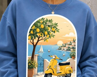 Italian Amalfi Coast Lemon Scooter PNG, Mediterranean Summer Travel Shirt Design, Coastal Vacation Sublimation PNG, Instant Download