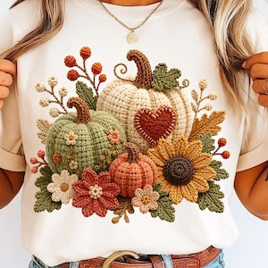 May include: A cream-colored t-shirt featuring a graphic print of three crocheted pumpkins in green, cream, and orange. The design includes a dark red heart, a large yellow sunflower, smaller white and red flowers, green leaves, and berry sprigs.