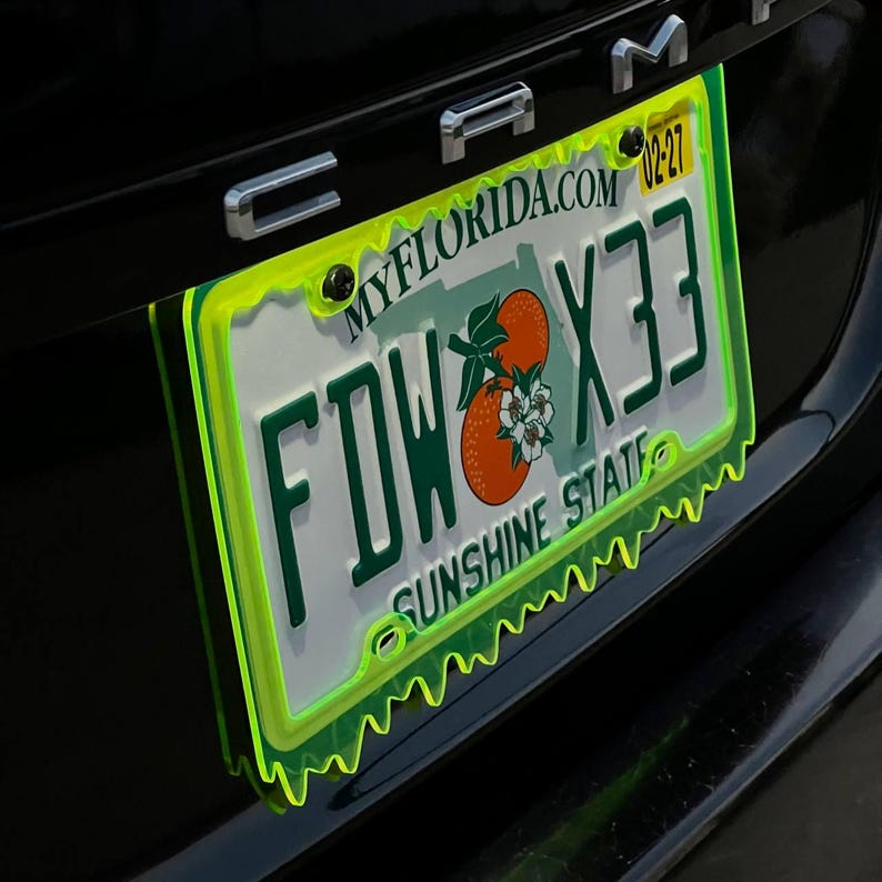 May include: A Florida license plate with the letters FDW X33, featuring an orange and white flower graphic. The plate is framed in neon green, with the words "SUNSHINE STATE" at the bottom and "MYFLORIDA.COM" at the top.