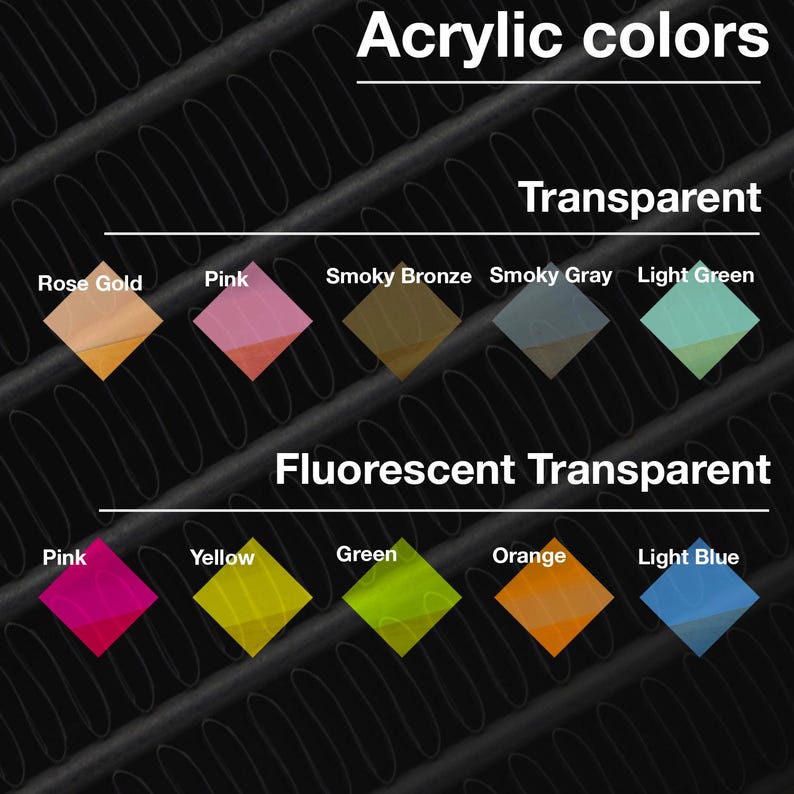 May include: Image showcasing a variety of acrylic colors, including transparent and fluorescent transparent options. The colors are displayed in diamond shapes, with labels such as "Rose Gold," "Pink," "Smoky Bronze," and "Light Green." The text "Acrylic colors" is at the top.