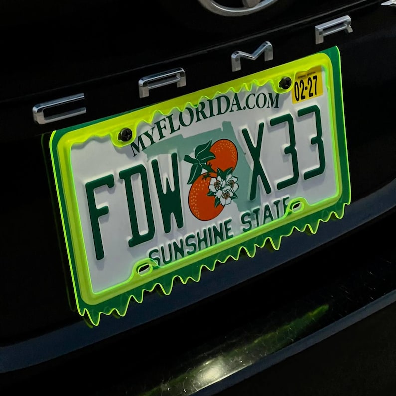 May include: A Florida license plate with the text "FDW X33" in green lettering. The plate features an orange and white flower graphic and the words "SUNSHINE STATE". The plate is framed in a neon green, wavy-edged border.