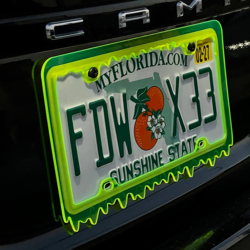 May include: A Florida license plate with the text "FDW X33" in green lettering. The plate features an orange and white flower graphic and is framed in neon green. The text "MYFLORIDA.COM" and "SUNSHINE STATE" are also visible.