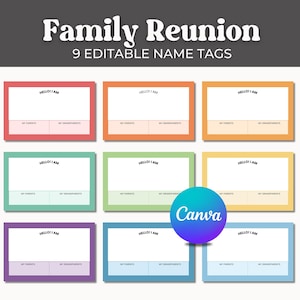 Naamkaartjes familiereünie: 9 gedempte regenboogkleuren, tag echtgenoot inbegrepen (download png en pdf)