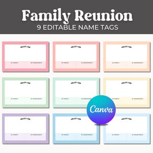 Naamkaartjes familiereünie: 9 pastelkleurige regenboogkleuren, tag echtgenoot inbegrepen (download png en pdf)