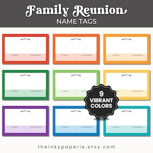 Family Reunion Name Tags: 9 Vibrant Rainbow Colors, Spouse Tag Included (PNG & PDF Download)