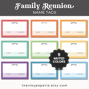 Family Reunion Name Tags: 9 Muted Rainbow Colors, Spouse Tag Included (PNG & PDF Download)