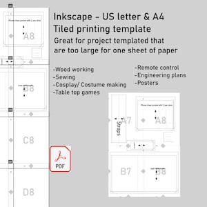 Könnte beinhalten: Eine Kachel-Druckvorlage für Inkscape, entworfen für US Letter- und A4-Papierformate. Ideal für Projekte, die zu groß für ein einzelnes Blatt sind, einschließlich Holzbearbeitung, Nähen, Cosplay und Poster. Das Bild enthält ein PDF-Symbol.