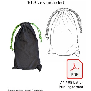 May include: An image shows a black drawstring bag with green and black drawstrings, alongside a line drawing of a drawstring bag. The text "Double Draw String Bag" and "16 Sizes Included" is at the top. A PDF icon and printing format details are also included.
