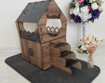 Wooden Cat House, Modern Custom Pet Furniture, Rabbit Wood House,  Two Storey Cat Castle, Black Bunny House, Floor Cat Bed, Pet Beds,