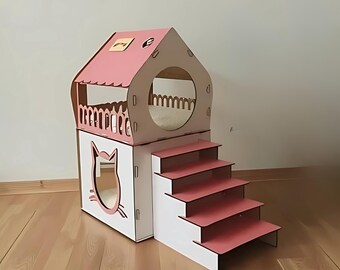 Modern Custom Cat Furniture, Two Storey Cat Castle Wooden Pet House,  Rabbit Wood House, Black Bunny House, Floor Cat Bed, Pet Beds