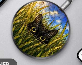 Black Cat art Wireless Charger.  Phone charger for Cat lover.  Funny gift for new cat owner. Luxury gift for cat mom.  Upscale gift idea