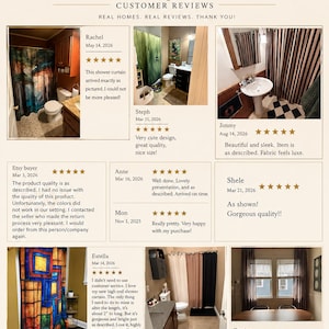 Puede incluir: Un gr&aacute;fico promocional de La Vie Josephine con rese&ntilde;as de clientes y fotos de productos de decoraci&oacute;n del hogar, incluyendo cortinas de ducha y cortinas de ventana. El dise&ntilde;o incluye valoraciones, nombres y testimonios.