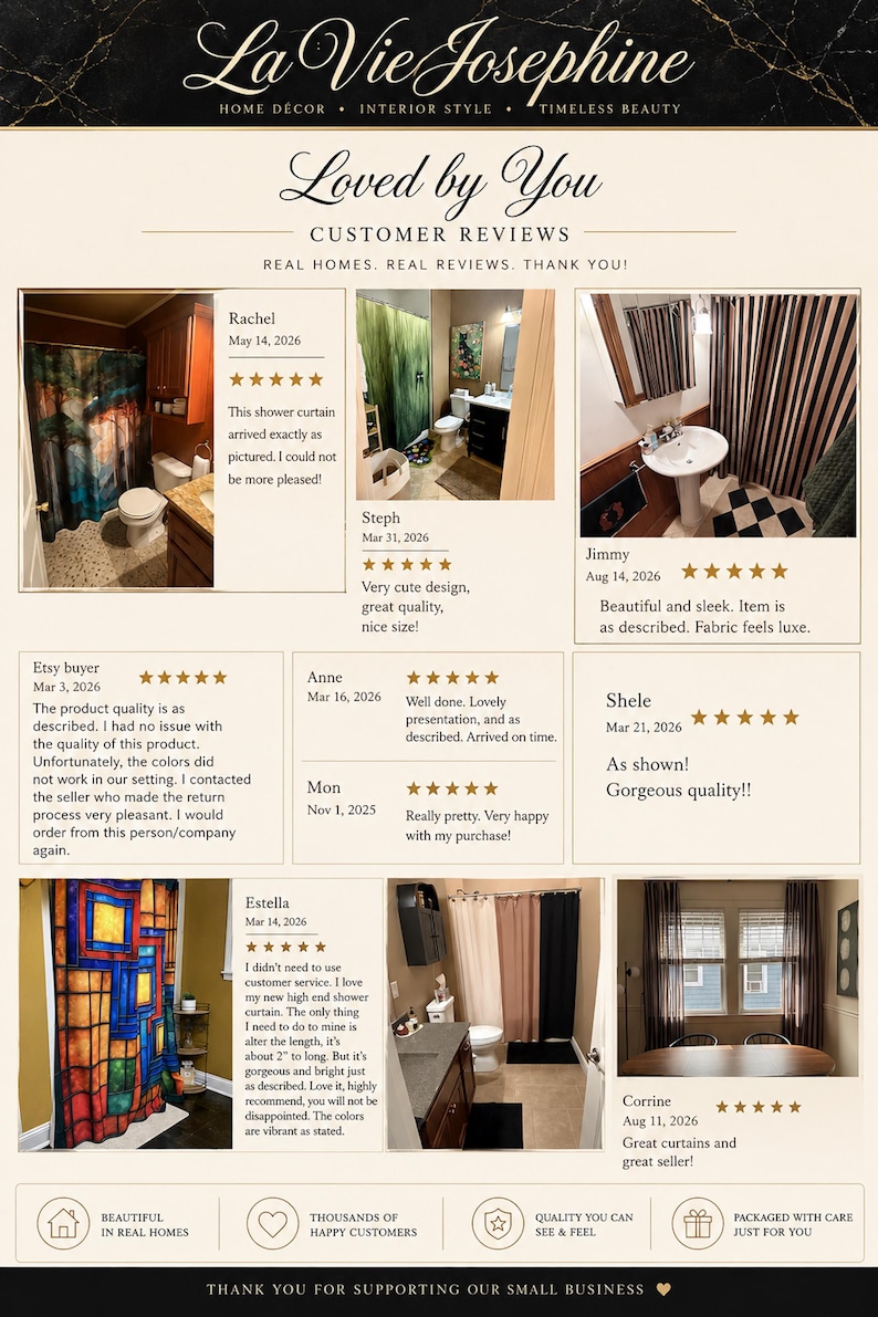 Puede incluir: Un gr&aacute;fico promocional de La Vie Josephine con rese&ntilde;as de clientes y fotos de productos de decoraci&oacute;n del hogar, incluyendo cortinas de ducha y cortinas de ventana. El dise&ntilde;o incluye valoraciones, nombres y testimonios.