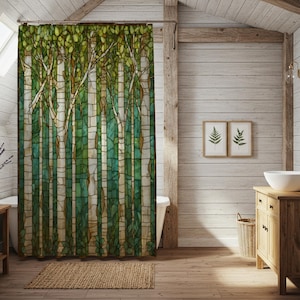 Stained Glass Forest Shower Curtain, Nature Bathroom Decor, Rustic Home Accessory, Gift for Nature Lovers, Eco-Friendly Shower Decor