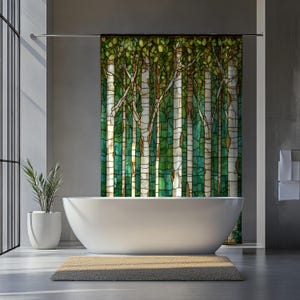 Stained Glass Birch Trees Shower Curtain Modern Art Deco Forest Scenery Bathroom Botanical Decor for Nature Lovers New and Guest Home Gift