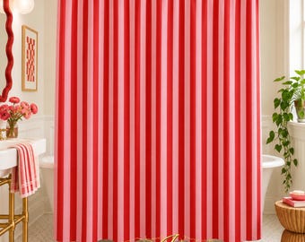 Pink Striped Shower Curtain, Red Stripe Bath Curtain, Retro Striped Shower Stall Curtain, Maximalist Bathroom Decor