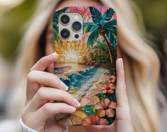 Stained Glass Ocean Waves iPhone Case. Tropical Island Beach Art Gift iPhone 17 16 15 14 13 Pro Max Mini Magsafe