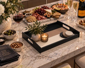 Bandeja grande para servir con rayas neutras / Bandeja decorativa rectangular beige, marrón y negra