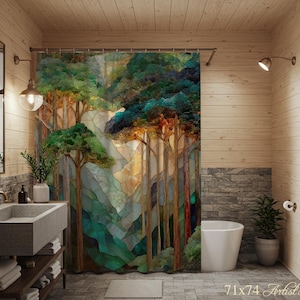 May include: A shower curtain featuring a forest landscape with tall trees in shades of green, brown, and gold, with a stained glass effect. The curtain measures 71 by 74 inches and is displayed in a bathroom with wood walls and stone accents.
