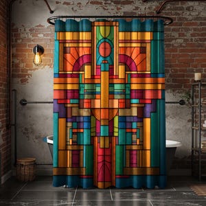 May include: A shower curtain featuring a geometric stained glass pattern with vibrant blocks of orange, teal, red, yellow, and blue. The design consists of vertical and horizontal lines forming rectangular and arched shapes across the fabric surface.