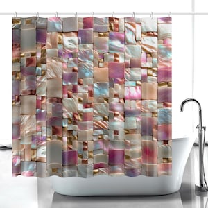May include: A shower curtain featuring a repeating pattern of iridescent square and rectangular tiles in shades of pink, white, and metallic copper. The design mimics a mosaic of mother-of-pearl with a glossy, reflective finish throughout the surface.
