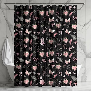 Shabby chic Floral Shower Curtain, Vintage Bathroom Decor, Boho Home Accents, Gift for Her, Nature-Inspired Design, Pink on black floral