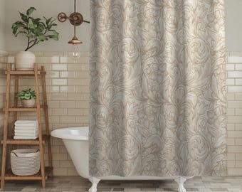 Neutral Floral Shower Curtain ~ Beige Taupe Bathroom Curtain ~ Vintage Botanical Bath Curtain ~ Cloth Shower Curtain