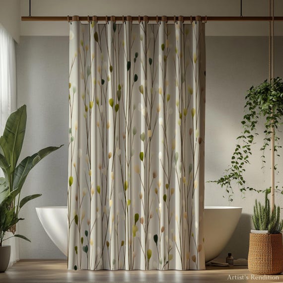 Off white Shower Curtain Boho w\ Soft Leaf Branch Pattern. Neutral Botanical Bath Curtain as Bathroom Accessories. Master Bathroom Decor