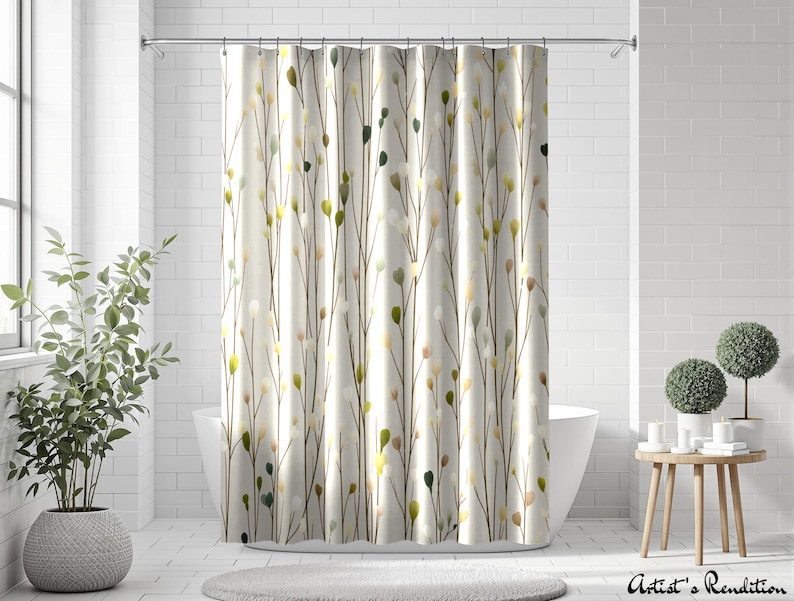 Puede incluir: Una cortina de ducha con un patr&oacute;n bot&aacute;nico vertical de tallos finos marrones con peque&ntilde;as hojas redondeadas en tonos verde, amarillo y blanco sobre un fondo color crema. El texto "Artist's Rendition" aparece en la esquina.