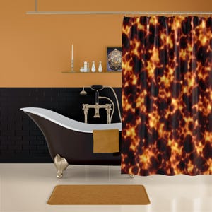 May include: A clawfoot bathtub with a brown exterior and white interior, featuring a gold faucet and a patterned shower curtain. The curtain has a brown and yellow tortoiseshell design. A brown bath mat and towel complete the bathroom decor.