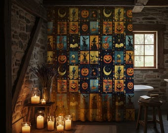 Halloween Shower Curtain, Vintage Pumpkin Patch Bath Curtain, Spooky Witch Bathroom Decor, Fall Bat Shower Curtain