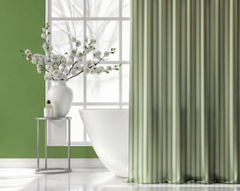 Sage & Green Ticking Stripe Shower Curtain ~ Farmhouse Country Bathroom Décor ~ Vintage Cottagecore Striped bathtub cover